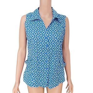 Tweeds Sleeveless 100% Linen Blue White Chain Link Pattern Print Size L blouse